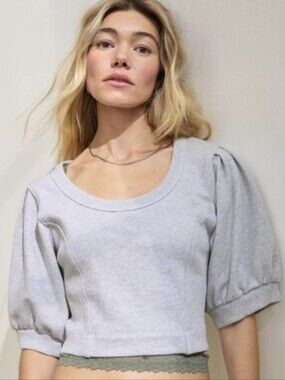 Aerie Seams Right Short  Puff Sleeve Sweatshirt - Medium Heather Gray